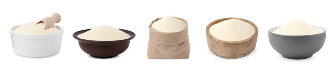 Set of uncooked semolina on white background