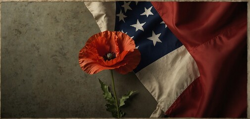 Banner with Red poppy as a symbol of memory for the fallen in the war, on the dark wood background, 