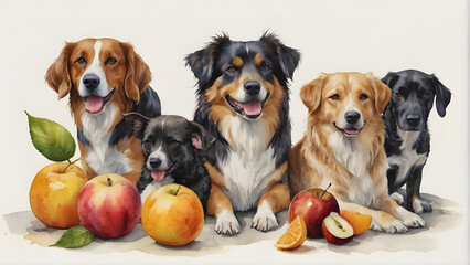 A bunch of adorable puppies and dogs, including a cute Chihuahua, sitting together on a white background, watercolor art