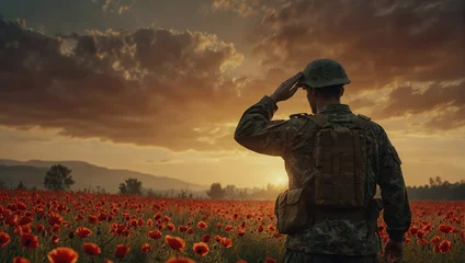 Foto op Plexiglas Soldier salutes standing in poppy field during sunset for memorial. © Pham Ty