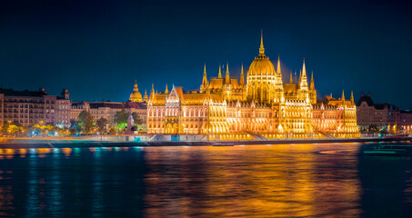 Illuminated night view of Hungarian Parliament building. Fantastic summer cityscape of Budapest,  World Heritage Site by UNESCO, Hungary, Europe. Traveling concept background.. - 780384405