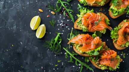 Open sandwich or toast. Grain bread with salmon, avocado and sesame seeds. Healthy snack, fat and omega 3 source - obrazy, fototapety, plakaty