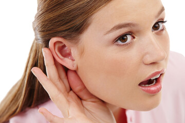 Female person, ear and listening to gossip, rumour and gesture as spy to hear serious whisper in...