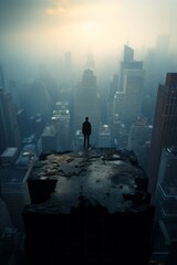 A man is standing on the ledge of a tall building, overlooking the city below. He is silhouetted against the sky, emphasizing the height of the structure - obrazy, fototapety, plakaty