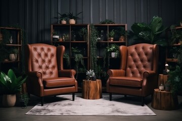 Cozy psychologist s office with leather armchairs and indoor plants creating a comfortable interior