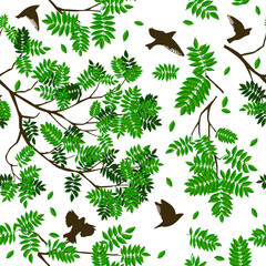 Seamless background of twigs with green leaves and with birds. Hand drawing. Not AI. Vector illustration.