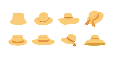 Straw sun hats set vector illustration isolated. Different summer hats collection flat hand drawn.