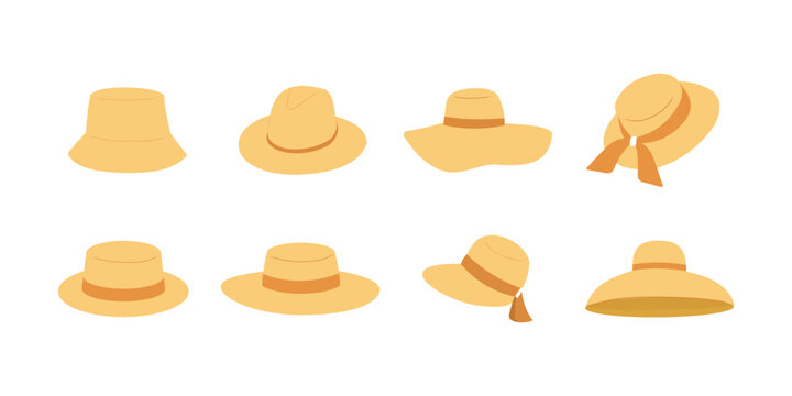 Straw sun hats set vector illustration isolated. Different summer hats collection flat hand drawn.