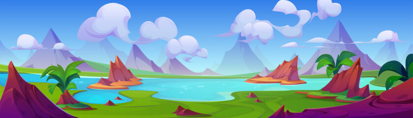 Obraz premium Tropic river and mountain nature background scene. Lake in summer valley with blue sky and beautiful rock environment cartoon panorama. Wild water stream and green grass abstract terrain backdrop