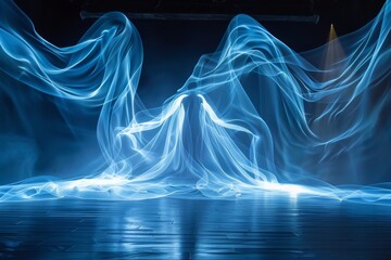 A blue wave of light is projected onto a dark background