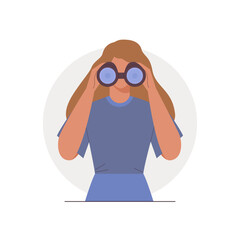 Naklejka premium Young woman looking through binoculars and looking for new business teams, ideas, goals, opportunities, employees or strategy