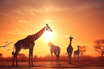 A group of African giraffes for Africa Day in nature. AI generated.