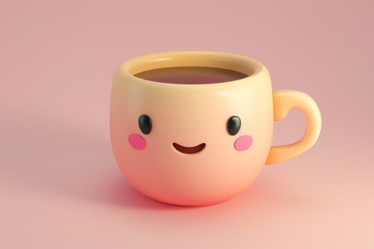 A cheerful 3D character design of a smiling coffee cup on a soft pink background. Smiling Cup Character with Cute Face