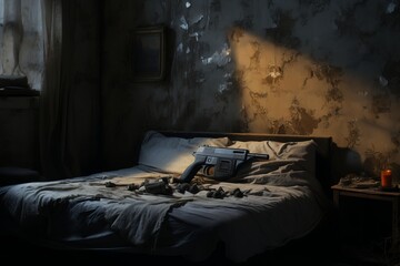 A gun is seen laying on a bed in a dark room, casting a chilling presence in the dimly lit environment. The image evokes a sense of danger and unease