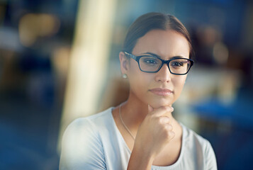 Woman, glasses and closeup with confidence and thinking with vision, idea or planning for hr....