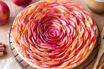Tart or pie with apples. French cuisine. Vegetarian food.