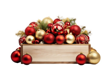 Wooden Box Filled With Red and Gold Ornaments. On a White or Clear Surface PNG Transparent Background.