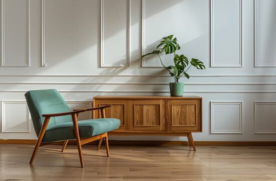 A Scandinavian living room  interior with white walls, a dark wood cabinet with green plant and teal armchair with white wall 