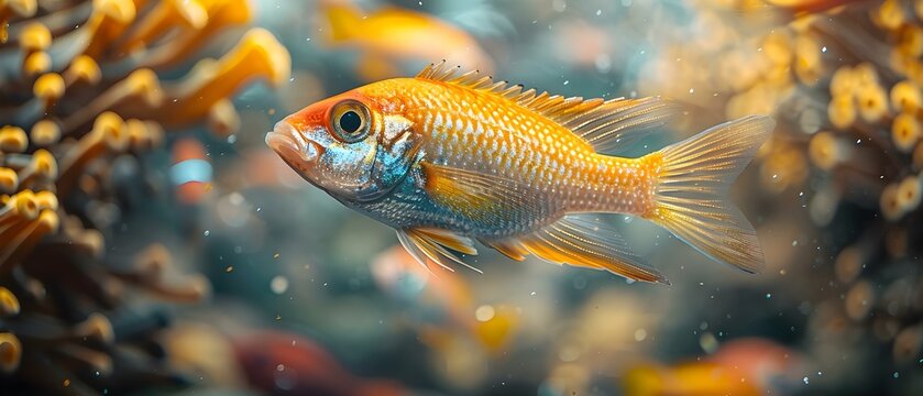 Closeup of fish in aquarium with many fish in background. Concept Underwater Photography, Fish Close-up, Aquarium Scenes, Marine Life Portraits, Colorful Aquatic Creatures