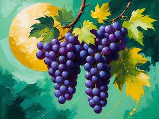 Grapevine Harvest: Illustration of ripe grapes on the vine with leaves, perfect for wine and fruit-themed designs