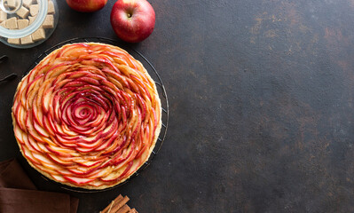 Tart or pie with apples. French cuisine. Vegetarian food.