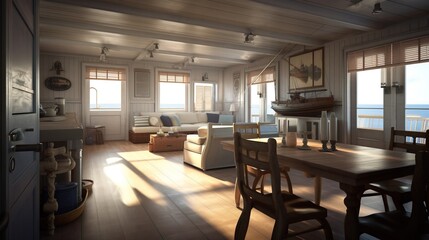 Fototapeta na wymiar Design of a cozy living room interior in a modern marine style. AI generated.