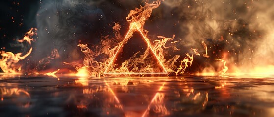 Rendered burning flames in a triangular shape,Fire triangle on a black background.Abstract hot triangle, flame frame. Gradually, a burning triangle of fire and constant burning appeared. portal,design - obrazy, fototapety, plakaty