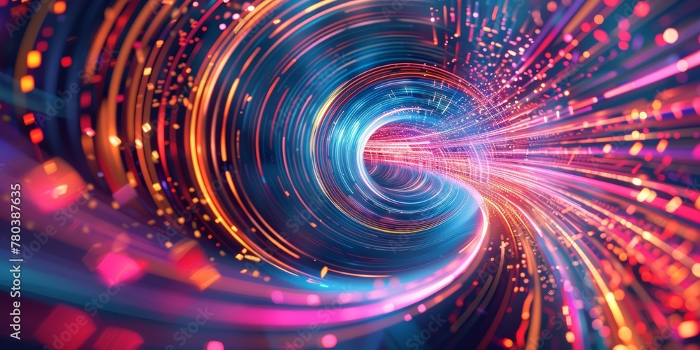 Poster a picture of a colorful shiny tunnel in the style of galaxy and stars and space vibes, abstract vort