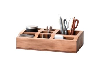 Wooden Desk Organizer Holding Pens, Scissors, and Office Supplies. On a White or Clear Surface PNG Transparent Background.