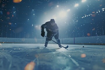 Ice Hockey Rink Arena: Professional Player Shooting the Puck with Hockey Stick. Focus on 3D Flying Puck with Blur Motion Effect. Dramatic Wide Shot, Cinematic Lighting - obrazy, fototapety, plakaty