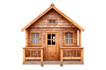 Small Wooden House With Windows and Porch. On a White or Clear Surface PNG Transparent Background.