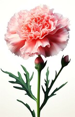  Isolated elegant pink carnation flower with detailed petals and green stem, Isolated on white