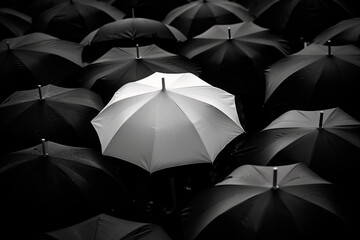 Single White Umbrella Among Many Black Ones. One white umbrella stands out in a sea of black umbrellas, illustrating the power of individuality and leadership.