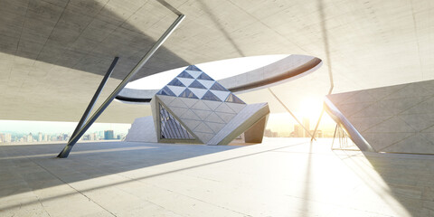 3D Modern architectural design with sun rays