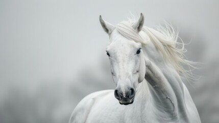 Majestic close-up portrait of a white horse with an elegant mane showing equine beauty and serenity - obrazy, fototapety, plakaty