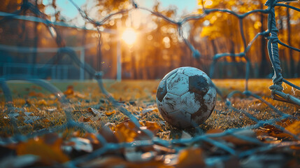 Soccer goal with the ball just crossing the line. Soccer ball hitting inside of net. generative ai  - obrazy, fototapety, plakaty