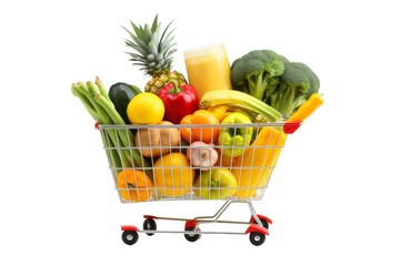 Shopping Cart Filled With Fresh Fruits and Vegetables. On a White or Clear Surface PNG Transparent Background.