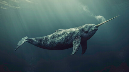 a Narwhal Whistling, studio shot, against solid color background, hyperrealistic photography, blank space for writing - obrazy, fototapety, plakaty