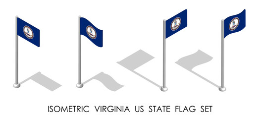 Isometric Virginia US state in static position and in motion on flagpole. Virginia map pin mark. 3d vector isolated on white background