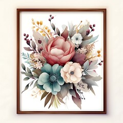  watercolor flowers bouquet frame. floral illustration, Leaf, and buds. Botanic composition for greeting cards. branch of flowers