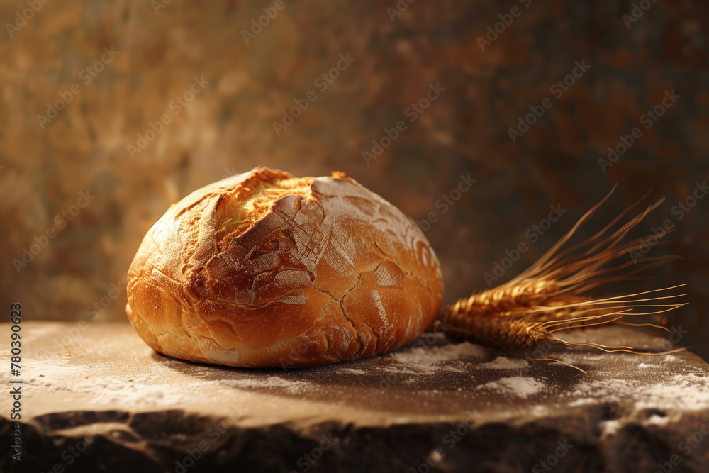 Poster loaf of bread and wheat on a wooden table. background image. created with generative ai technology.