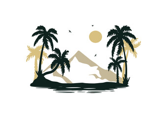 palm landscape with mountains vector silhouette. silhouette landscape with mountains palm trees sea island vector