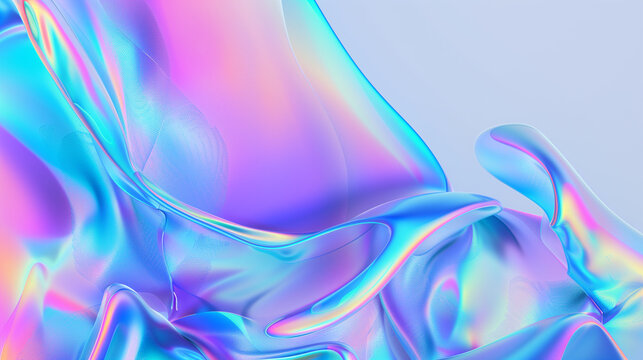 Abstract holographic background with iridescent wavy patterns and fluid shapes in pastel colors. Modern backdrop for design projects or wallpapers.