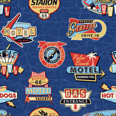 Vintage motel bowling car service  sign board patchwork wallpaper abstract vector seamless pattern for children wear fabric shirt sweatshirt pajamas