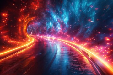 Fototapeta premium Panoramic high speed technology concept, light abstract background. Image of speed motion on the road.fast light technology concept, light abstract background.