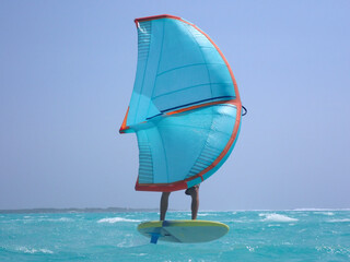 Close-up view  from water on surfer with wing foil, Lac Bay, Bonaire, Caribbean Netherlands - 780391264