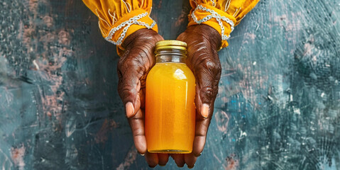 Advertisement of delicious beverage drink with organic ingredient concept. African-American senior...