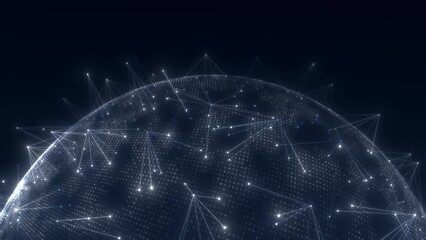 Animated digital sphere with particle network and satellite transmission in space