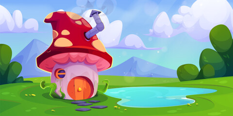 Mushroom house near lake in mountain valley. Vector cartoon illustration of cute fairytale dwarf hut with round window and door, chimney on roof, flowers, green grass and trees, clouds in blue sky - obrazy, fototapety, plakaty
