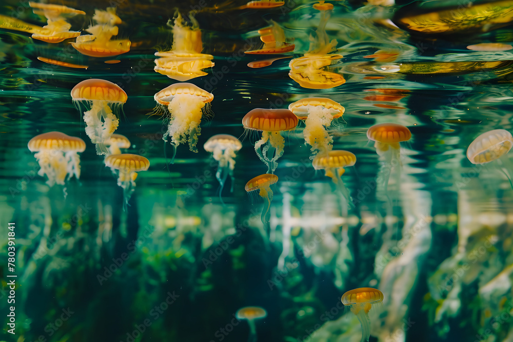 Poster a group of jelly like objects floating in a body of water with green and blue water in the background and a yellow object in the middle of the bottom of the photo.